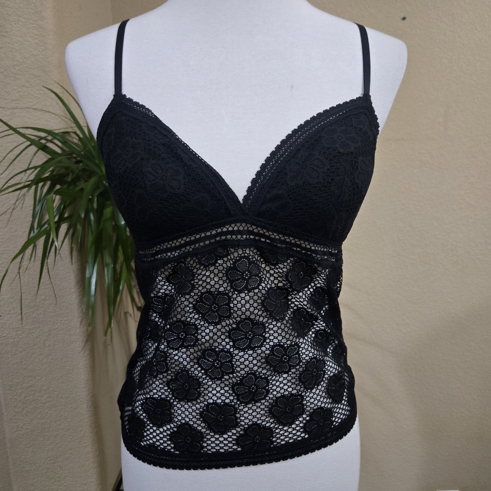 Aerie Lace Bralette Camisole‎ Womens Medium Black Sheer Floral Lingerie Top